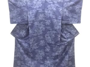 アンティーク　家屋風景模様織り出し手織り紬着物